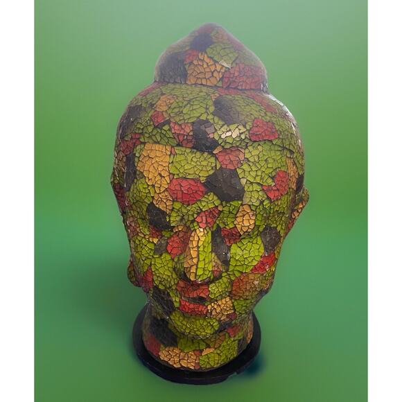 Vintage Amrita Singh Green Orange Gold Buddha Head Mosaic Sculpture 15" Tall - Picture 5 of 6